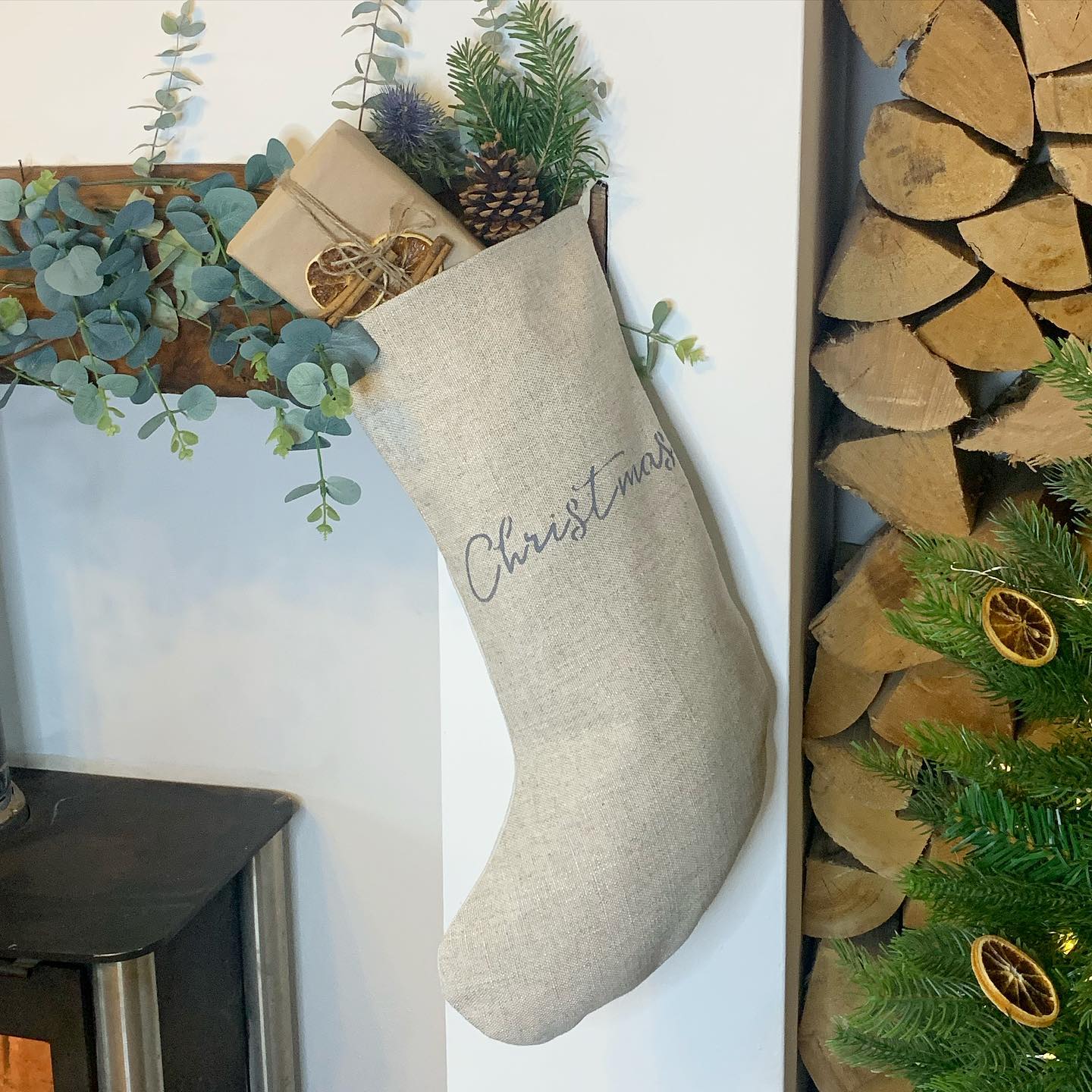 Linen "Christmas" Stocking