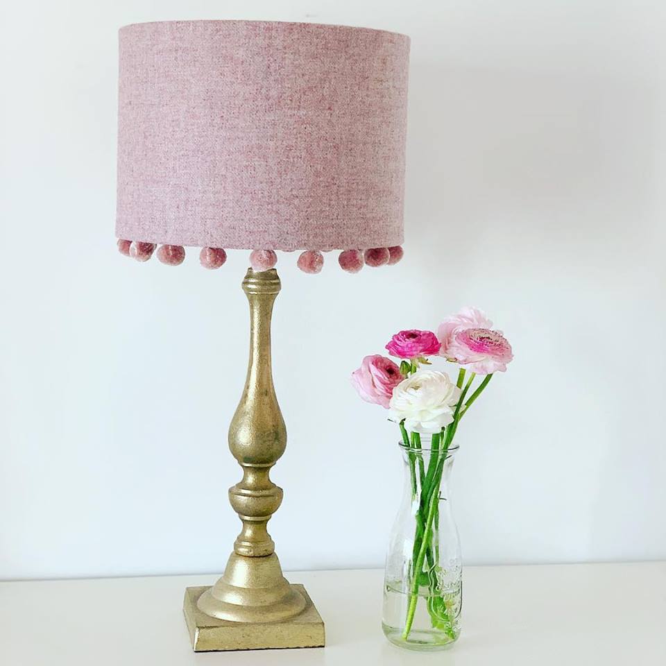 Pink Tweed Lampshade With Velvet Pompoms