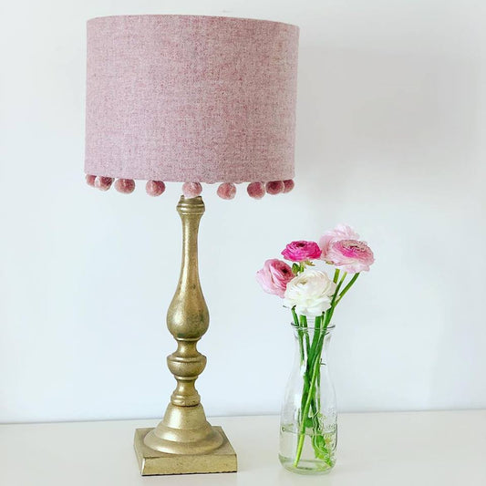 Pink Tweed Lampshade With Velvet Pompoms