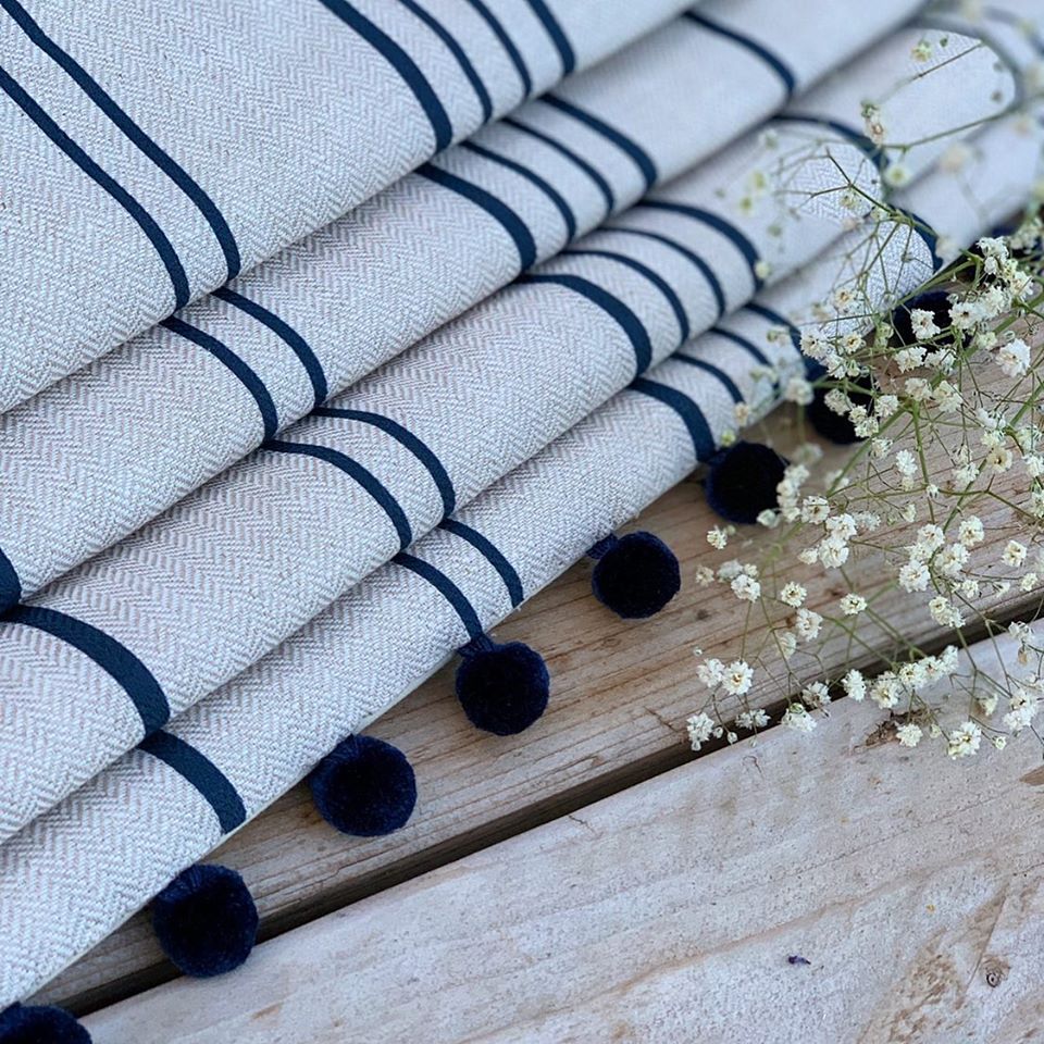 Roman Blind in Peony and Sage French Ticking Squid Ink Fabric
