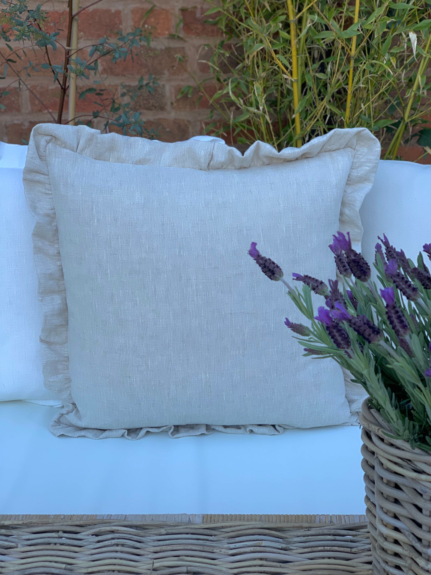 Peony and Sage Linen Ruffle Cushion