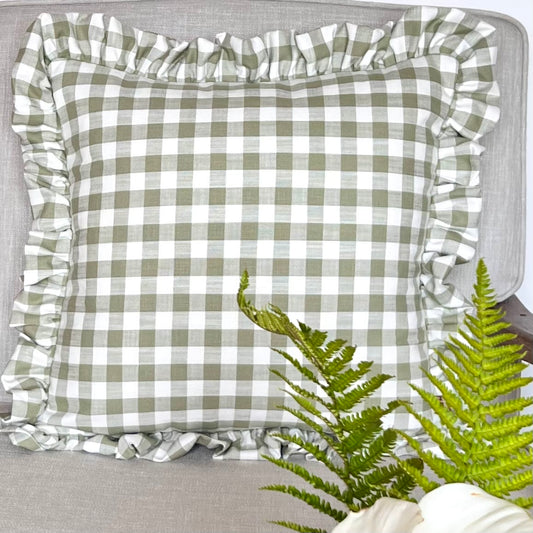 Green Gingham Ruffle Cushion