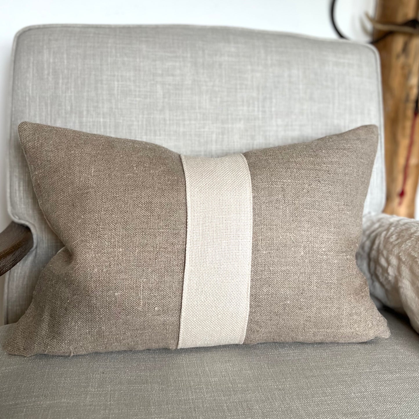 Neptune Oat Central Stripe, Hessian Oblong Cushion