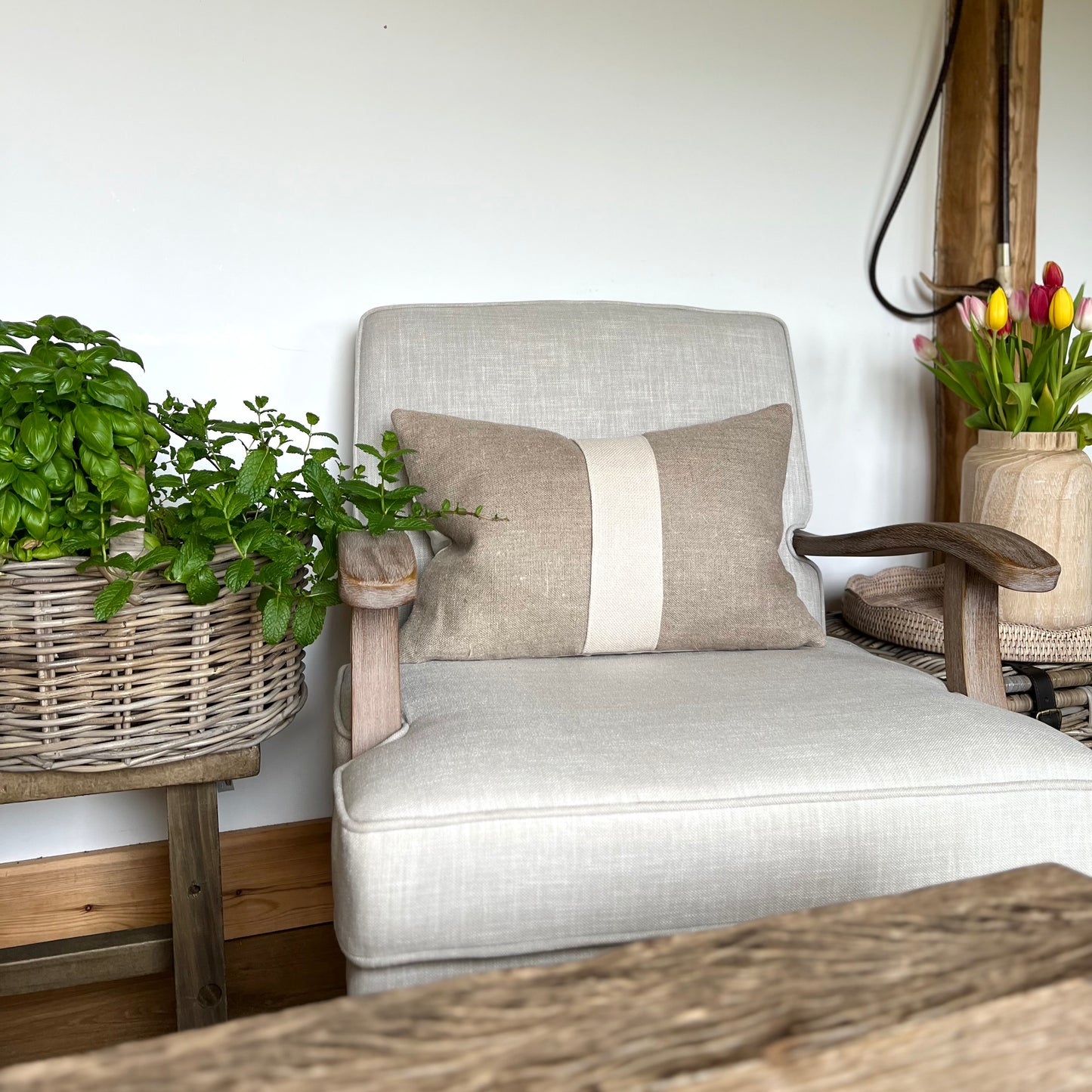 Neptune Oat Central Stripe, Hessian Oblong Cushion