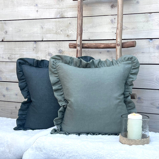 Peony and Sage Linen Ruffle Cushion