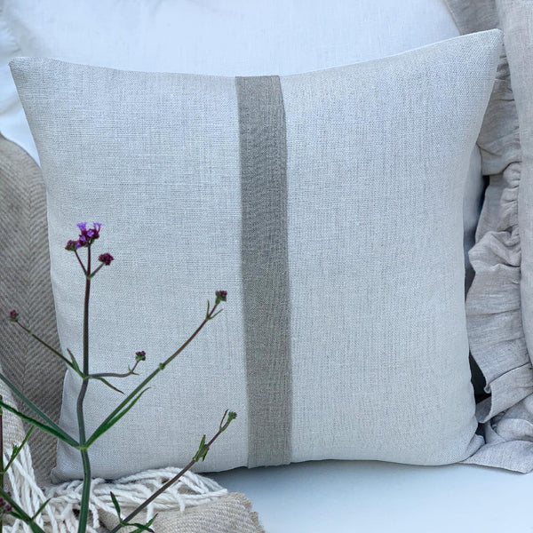 Peony and Sage Linen Central Stripe Cushion