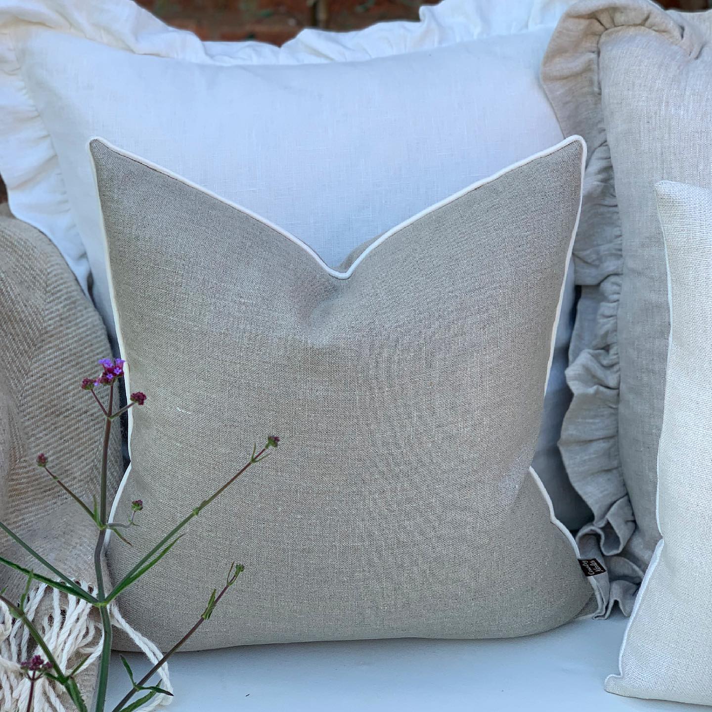 Peony and Sage Linen Piped Edge Cushion
