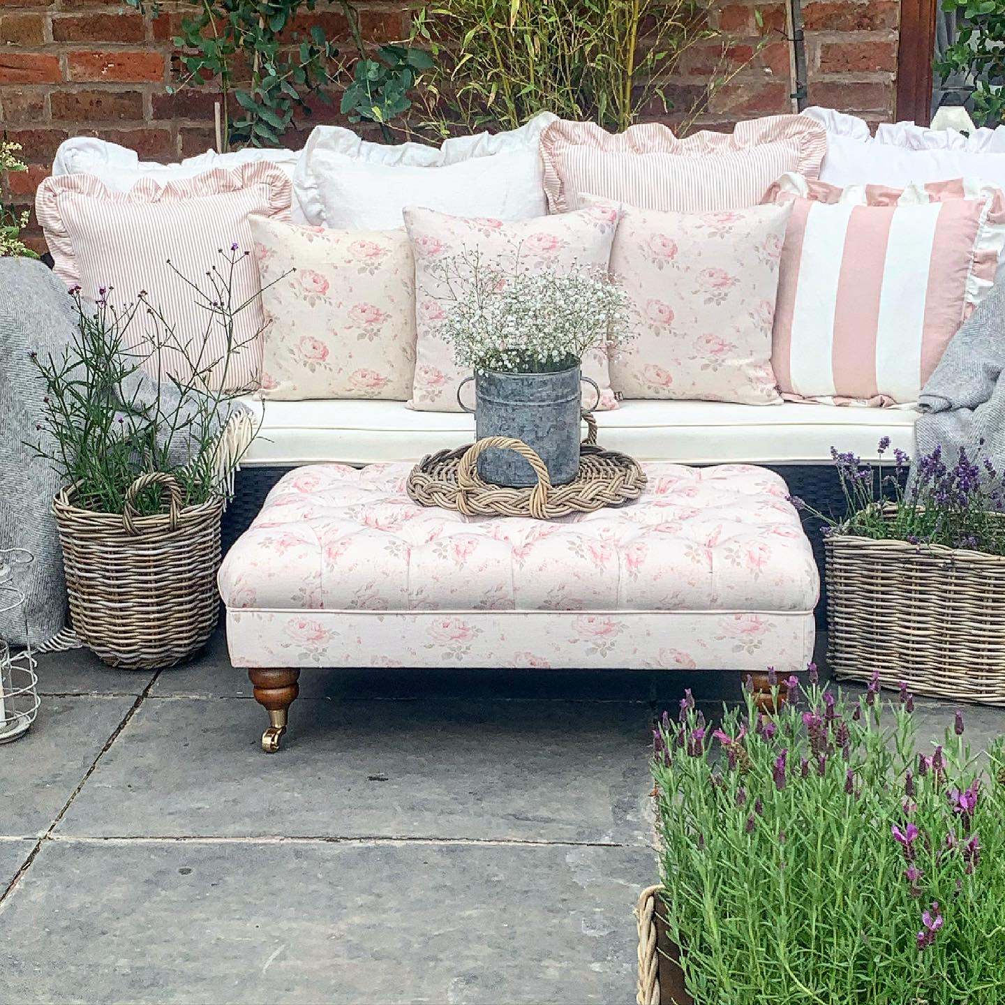 Buttoned Footstool in Peony & Sage Fabrics