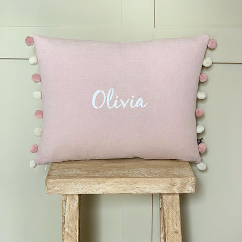 Personalised Oblong Cushions With Pompoms