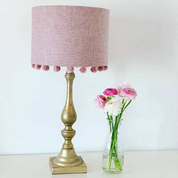 Pink Tweed Lampshade With Velvet Pompoms