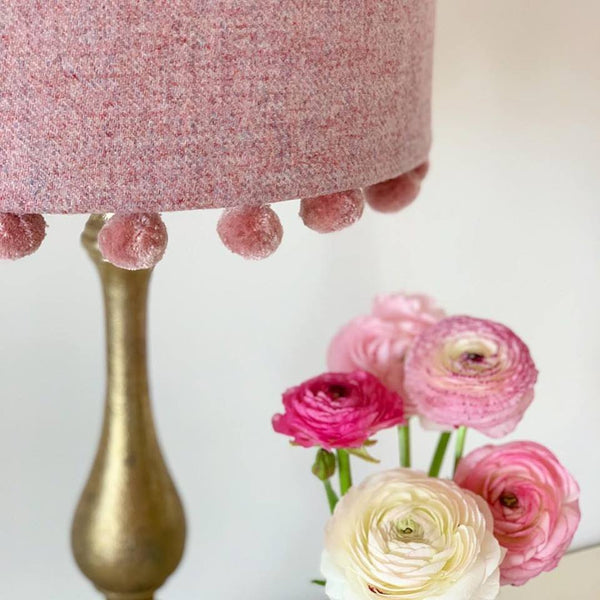 Pink Tweed Lampshade With Velvet Pompoms