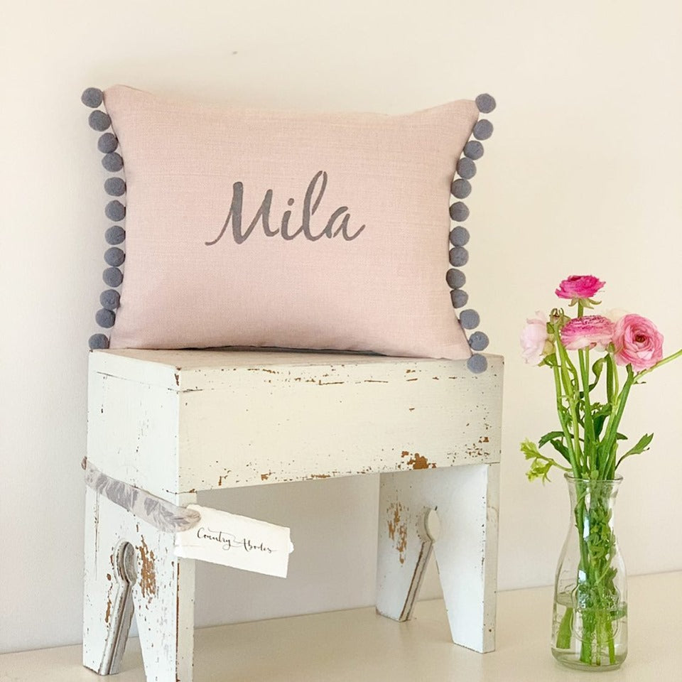 Personalised Oblong Cushions With Pompoms